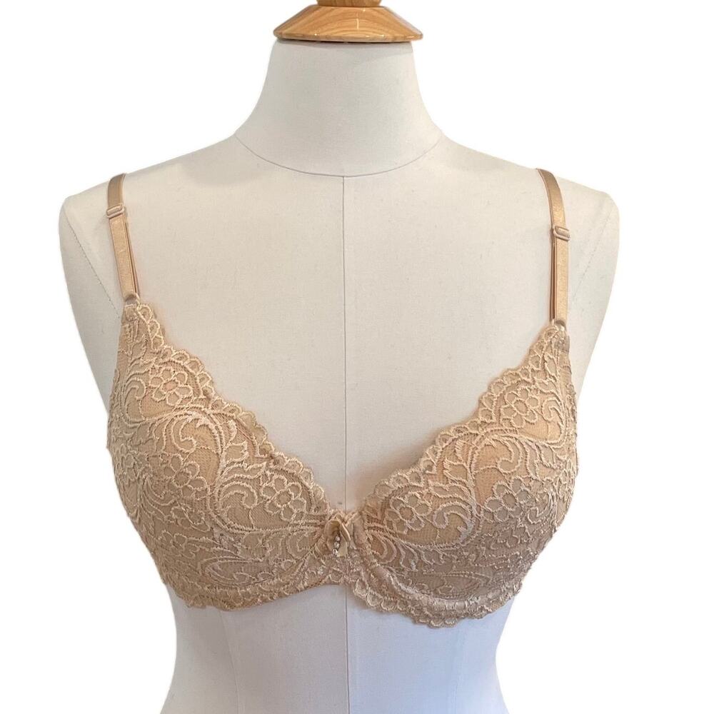 Smart & Sexy Beige Signature Lace Push Up Bra, Bow, Rhinestone, 34C